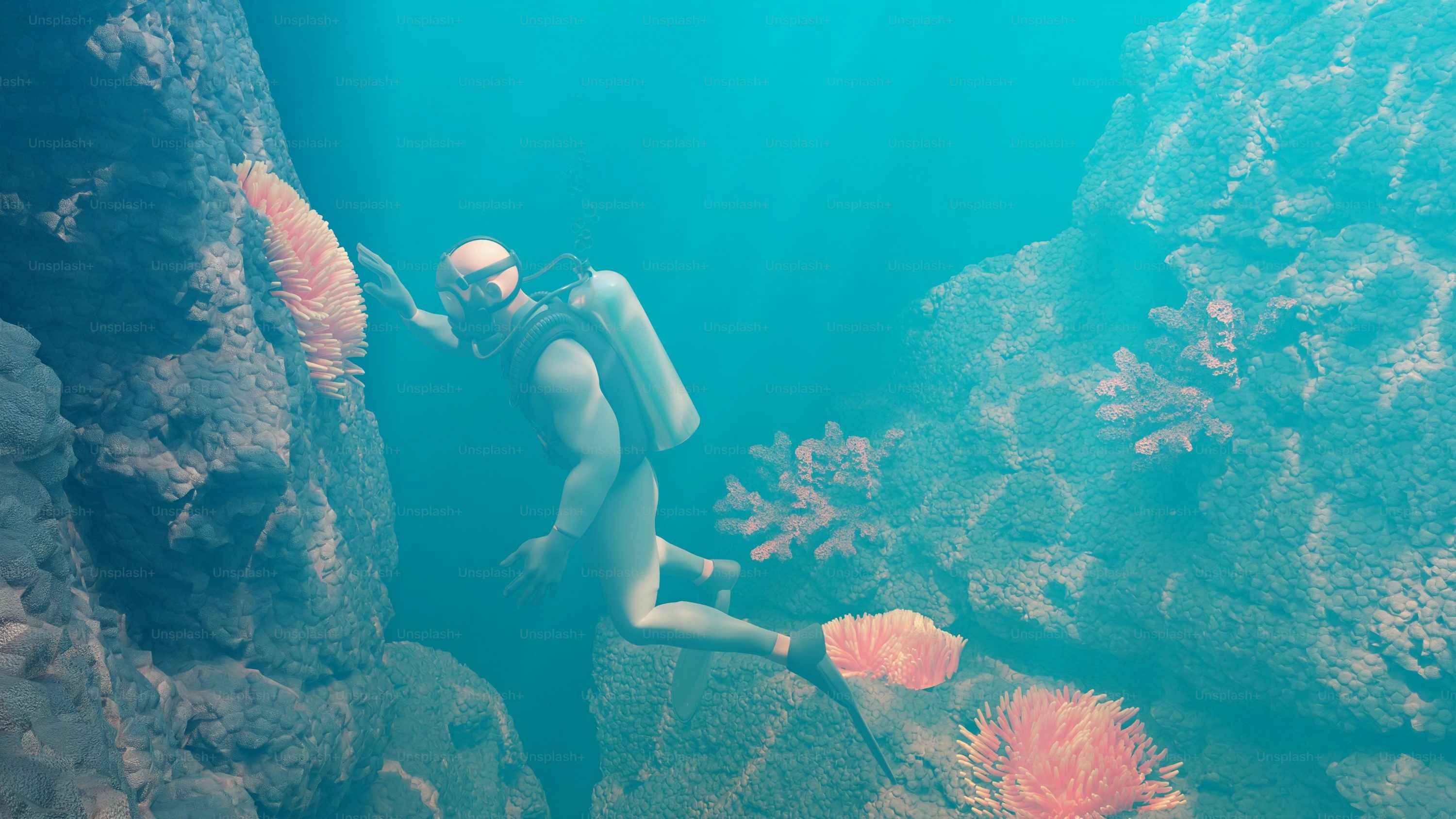 Scuba diver explores underwater structures